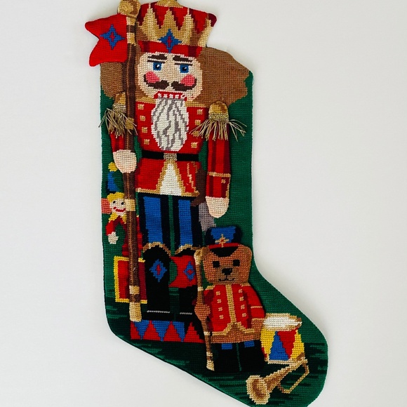 Vintage Needlepoint Wool Christmas Stocking Nutcracker Teddy Bear 3D Effect - Picture 1 of 10